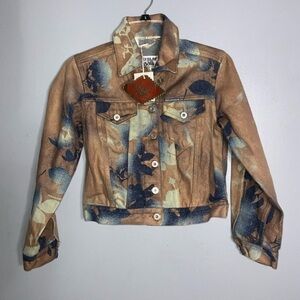 Replay & Sons Mustard & Blue Autumn Foliage Painted Jean Jacket From Italy 6 NWT